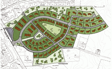 Illustration över tomter på bostadsområdet Stadsskogen