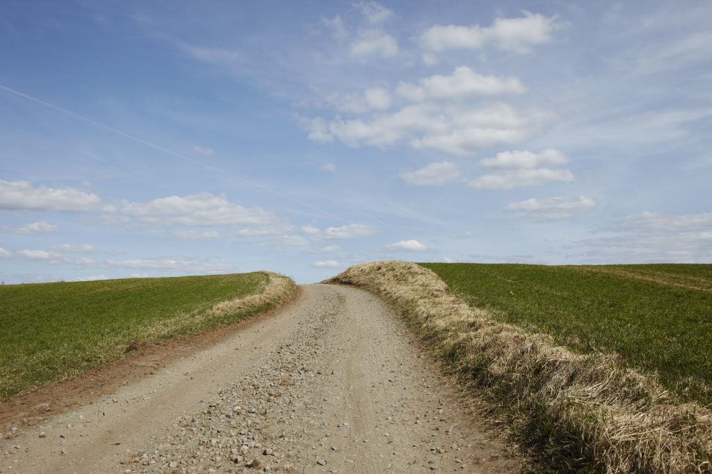 Bild på en grusväg som leder upp till ett krön. Gräsytor vid sidan av vägen.