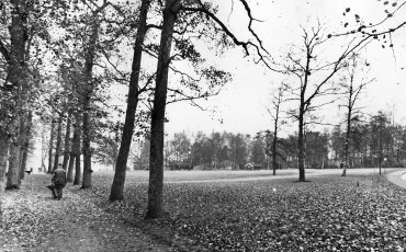 Svartvit bild över Ulricehamns stadsparks gräsytor