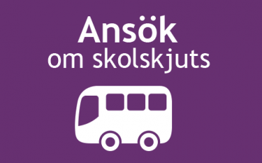 Vit buss på lila bakgrund med texten Ansök om skolskjuts