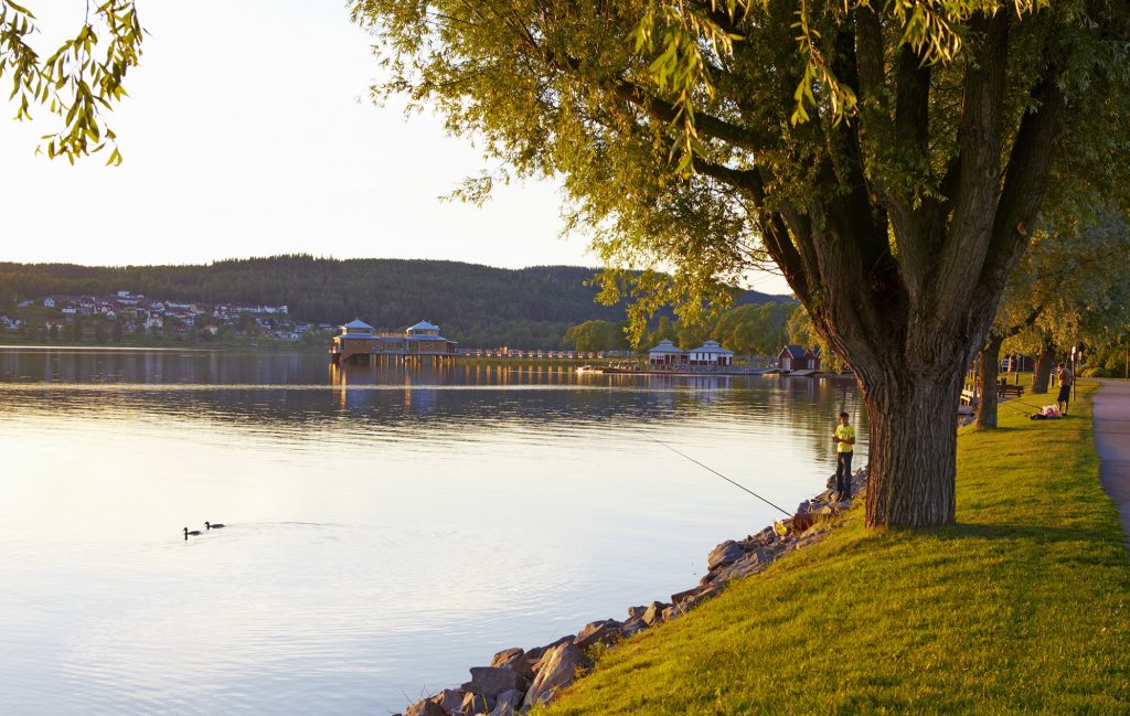 Bild på strandpromenaden vid sjön Åsunden som ligger spegelblank.