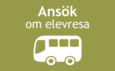 En bild på en buss med texten Ansök om elevresa