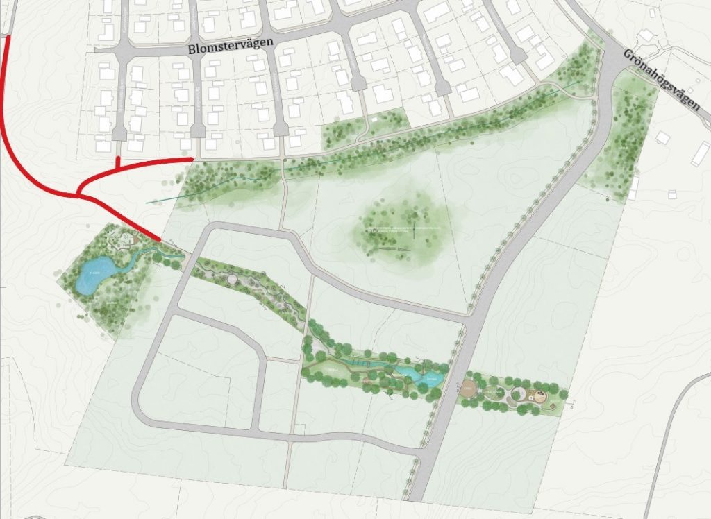 Illustration som visar området bergsäter med den nya gång och cykelvägen utmarkerad i rött