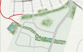 Illustration som visar området bergsäter med den nya gång och cykelvägen utmarkerad i rött