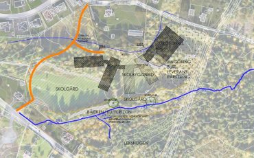 Arkitektskiss över den planerade skolan i Sanatorieskogen.