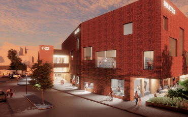 Bild över nya stadsbiblioteket i kvällsljus