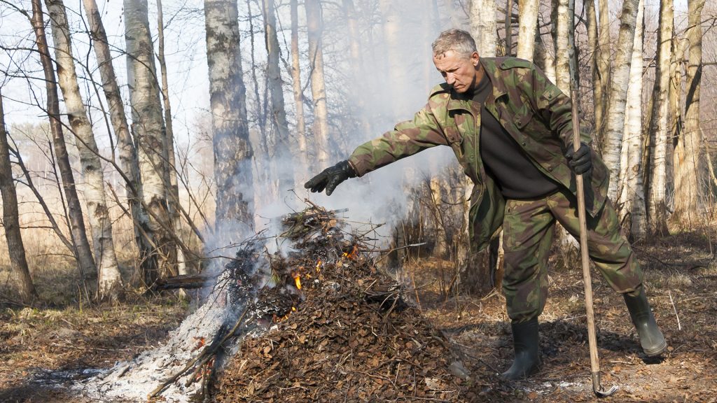 Man vid brasa av löv och kvistar