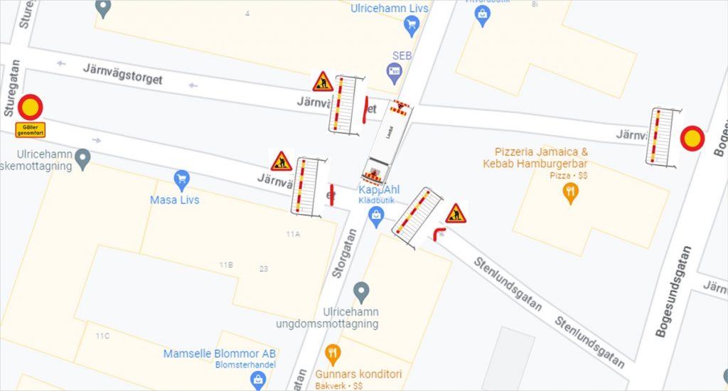 Kartbild som visar avstängningen för Järnvägstorget.