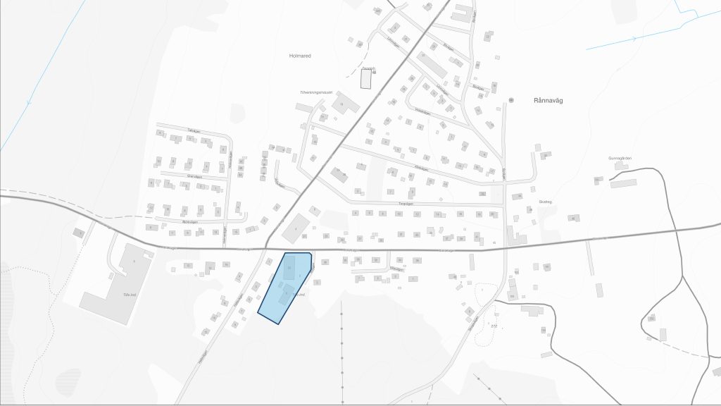 Karta med markerat område för ändring av byggnadsplan för Rånnavägs samhälle