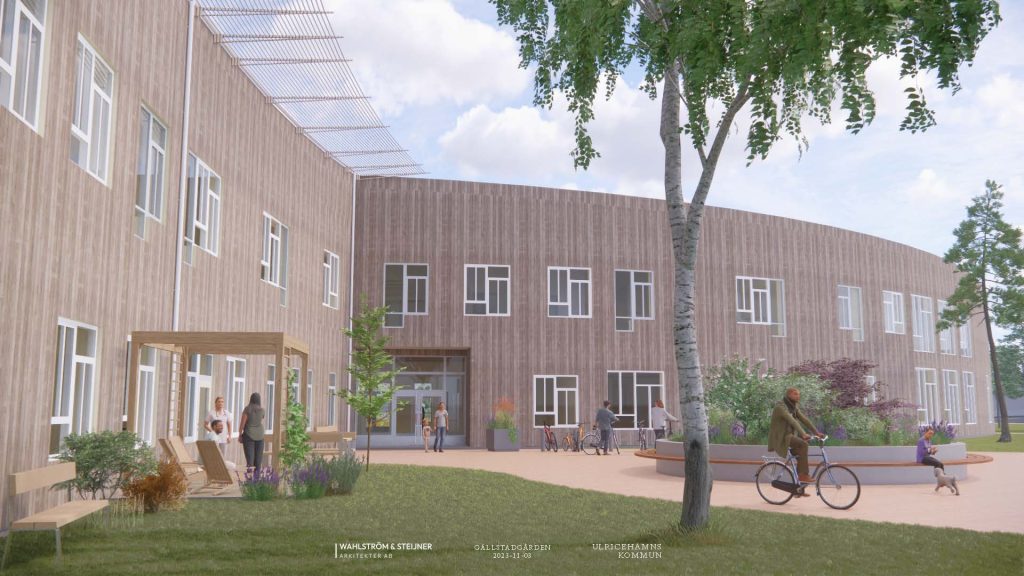 Skiss på entrè på det planerade samverkanshuset, äldreboende och förskola i samma hus.