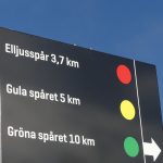 Bilden visar en skylt över Elljusspår, gula spåret och Gröna spåret på Lassalyckan