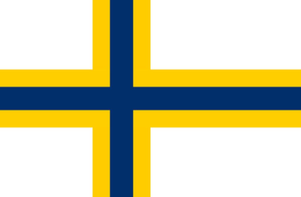 Sverigefinnarnas flagga, som har ett gult och ett blått kors på vit botten.