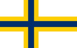 Sverigefinnarnas flagga, som har ett gult och ett blått kors på vit botten.