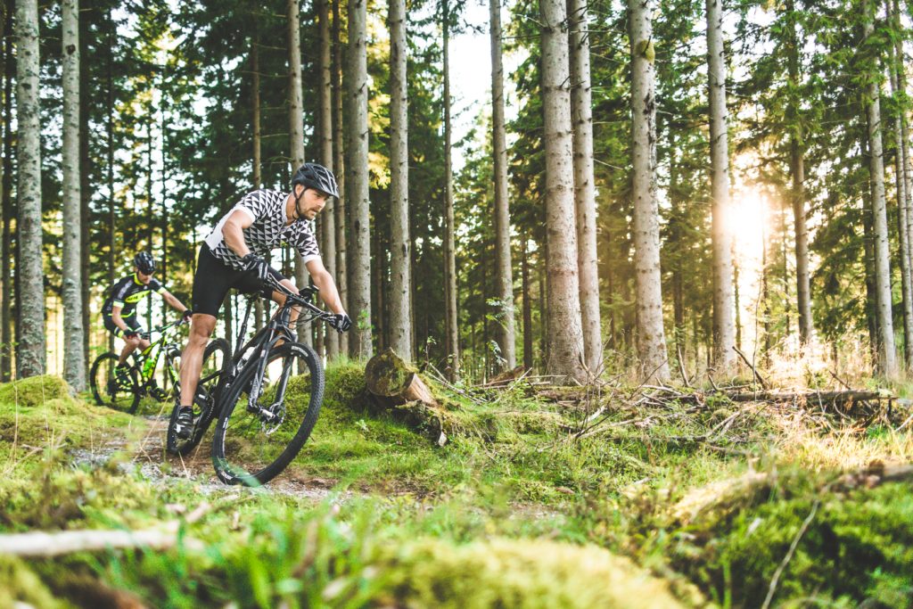 Två personer som cyklar mountainbike i kuperad terräng.